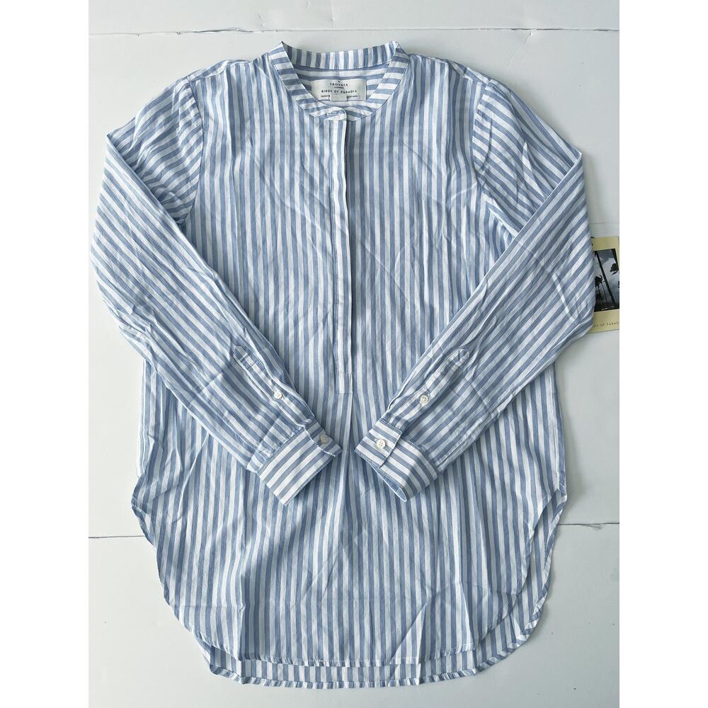 Trovata Birds Of Paradis Button Up Shirt Womens XS Blue Stripe Tunic Cotton Top